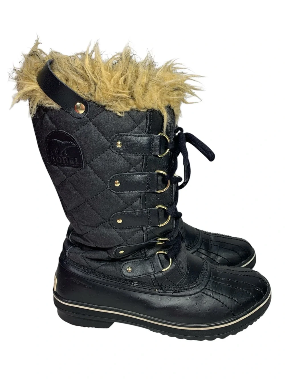 Sorel Tofino Canvas Winter Waterproof Lace Up Black Boots Faux Fur TanTrim 9.5